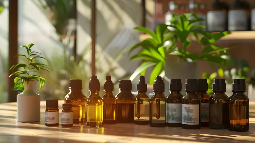 A selection of different essential oil bottles for adding to your solid facial oil.