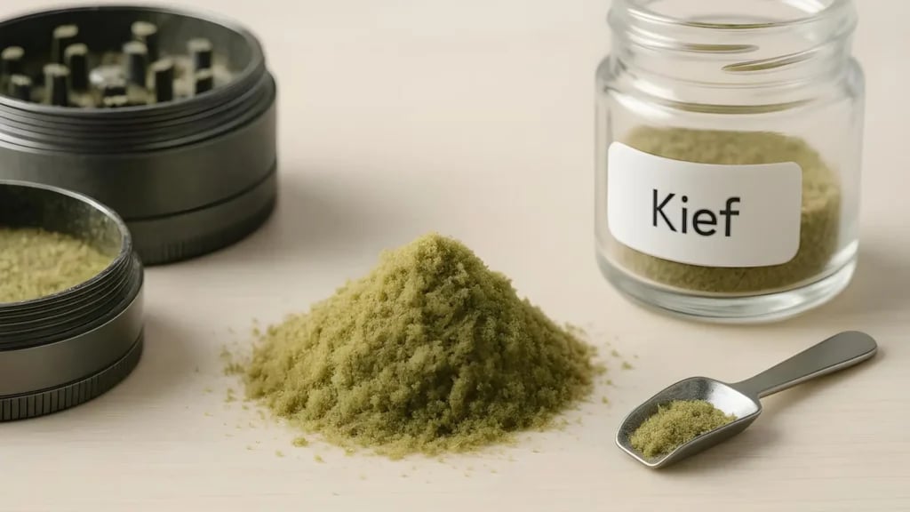 A jar of kief, a grinder, and loose kief on a table.