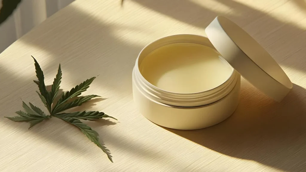 An open pot of solid facial oil on a table with a fresh cannabis leaf alongside.
