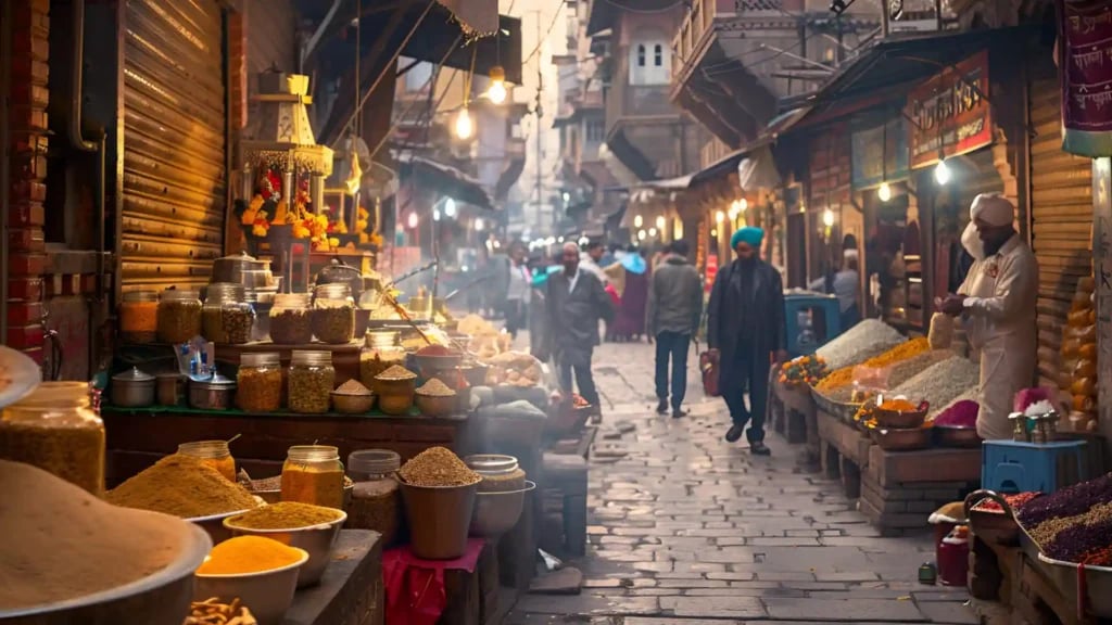 A Varanasi street with stalls selling Bhang and Thandai