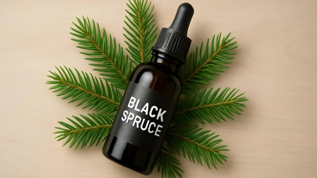 A bottle of black spruce essential oil on green, fresh spruce twigs.