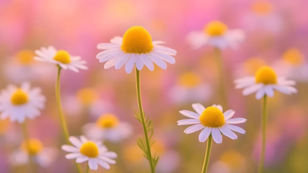 Close up of chamomile flowers growing in a field gives bisabolol, one of the cannabis terpenes.