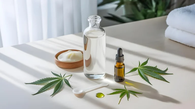 DIY glycerin and cannabis skincare ingredients on a table