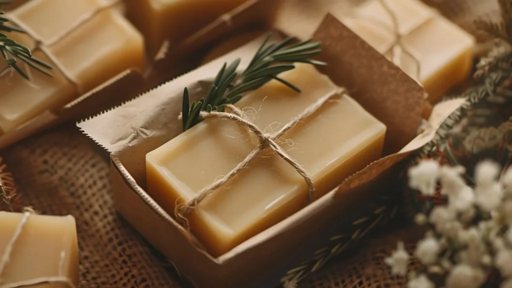 An emulsified cannabis lotion bar with a sprig of rosemary in a gift box