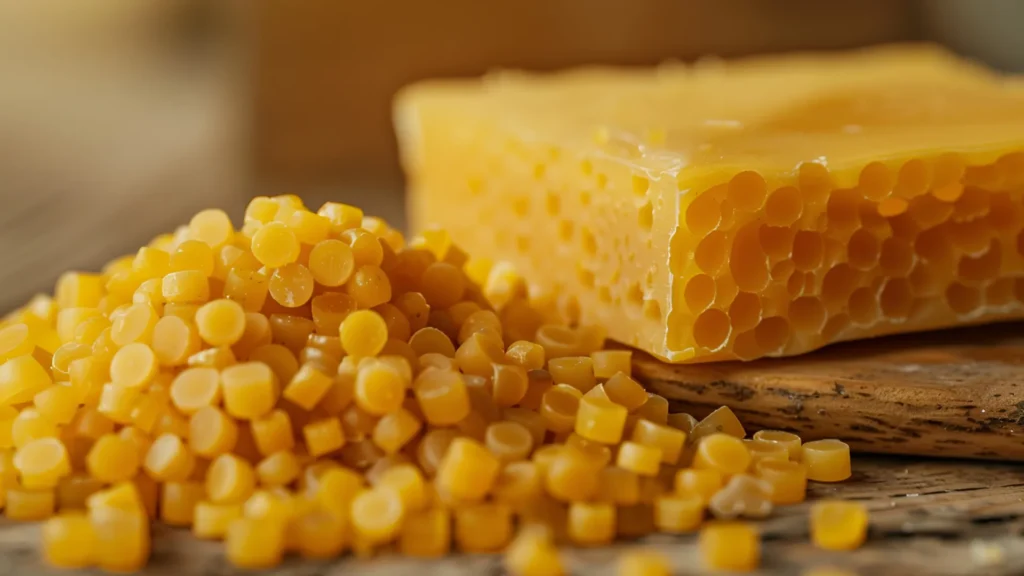 A pile of golden beeswax pellets next to a beeswax block