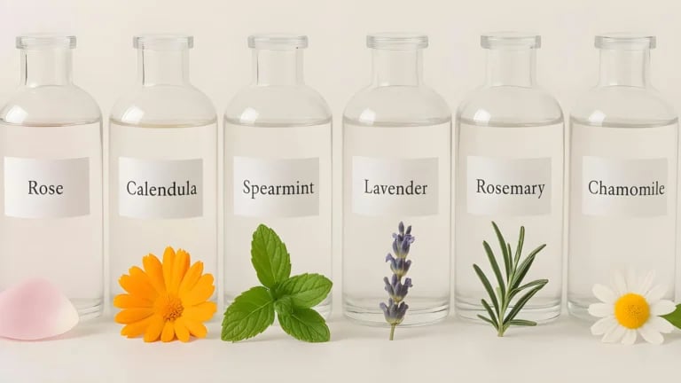 A row of 6 clear glass bottles with various hydrosols in and the plants in front.