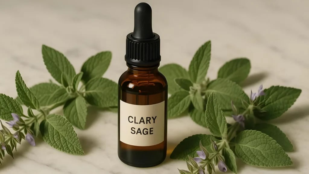 A bottle of clary sage essential oil next to fresh clary sage flowers and leaves.