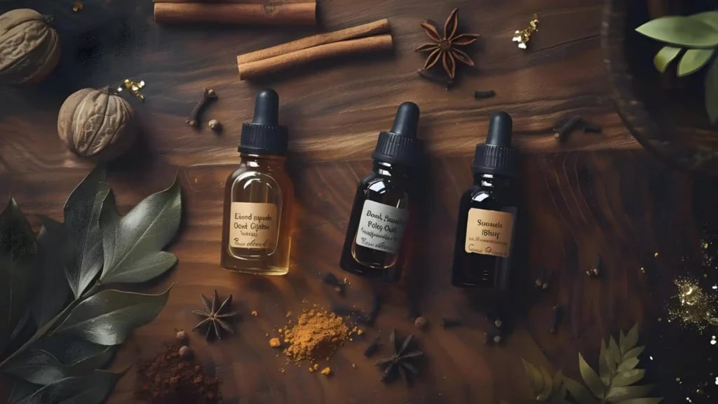 Three bottles of essential oil are placed on a wooden table, surrounded by patchouli leaves, cinnamon sticks, and cloves. DIY colognes for men