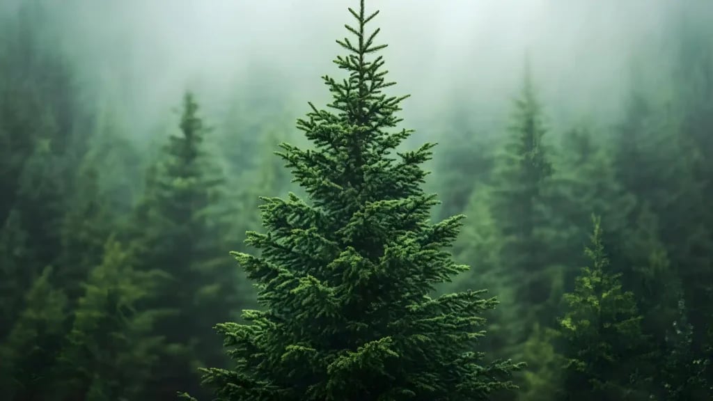 A close-up of a pine tree in a pine forest on a frosty morning.