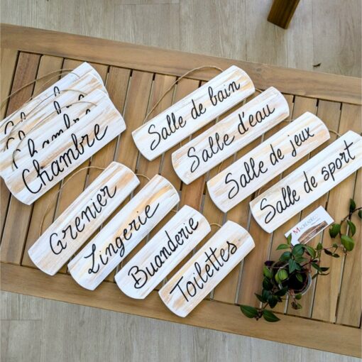 Panneaux en bois avec noms de pièces.