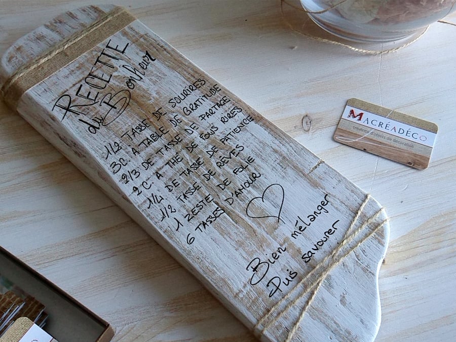 plaque-tableau-message-citation-décoration-bois-cadeau-personnalisé-artisanal-recette-du-bonheur