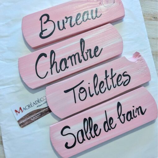 Panneaux roses indiquant différentes pièces de la maison.