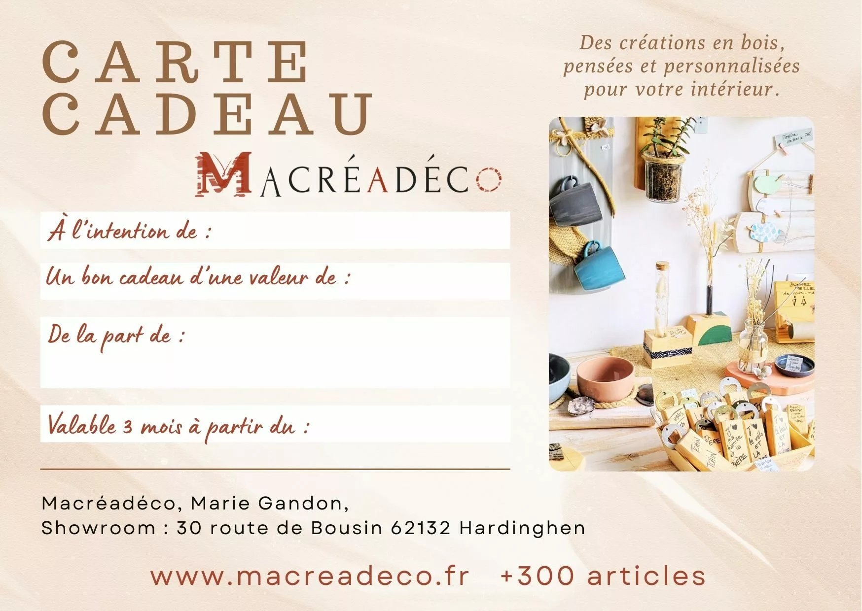 Bon carte cadeau Macreadeco Carte cadeau décoration intérieure personnalisée Macréadéco.