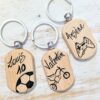 porte-clé-clef-bois-cadeau-personnalisé-artisanal Porte-clés bois personnalisés avec dessins variés.