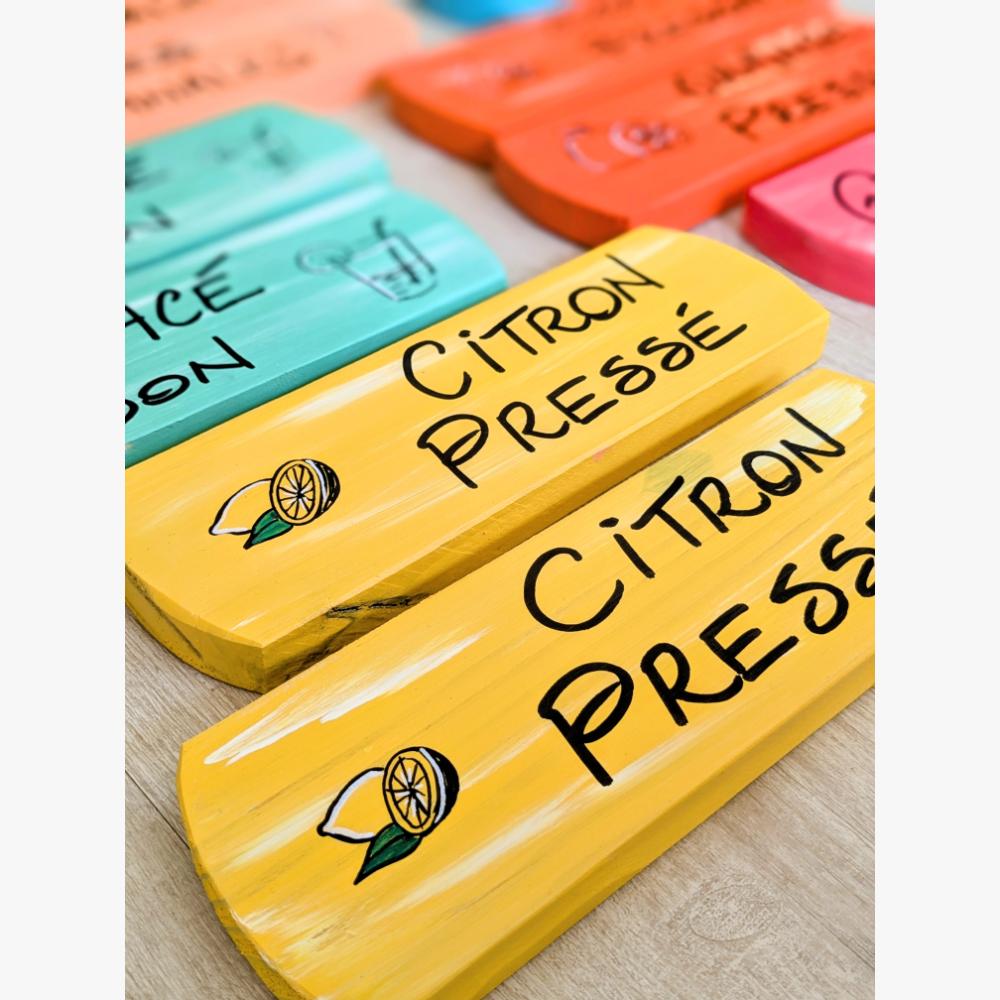 pancarte-panneau-signalétique-coloré-peps-personnalisé-été-commerce Enseignes colorées avec texte Citron Pressé.