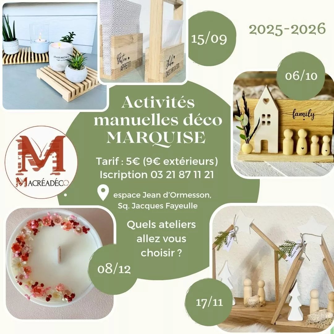Activités manuelles déco Marquise, dates et contact visibles.