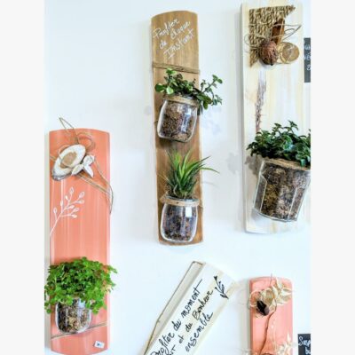 Décorations murales avec plantes en pots suspendus.