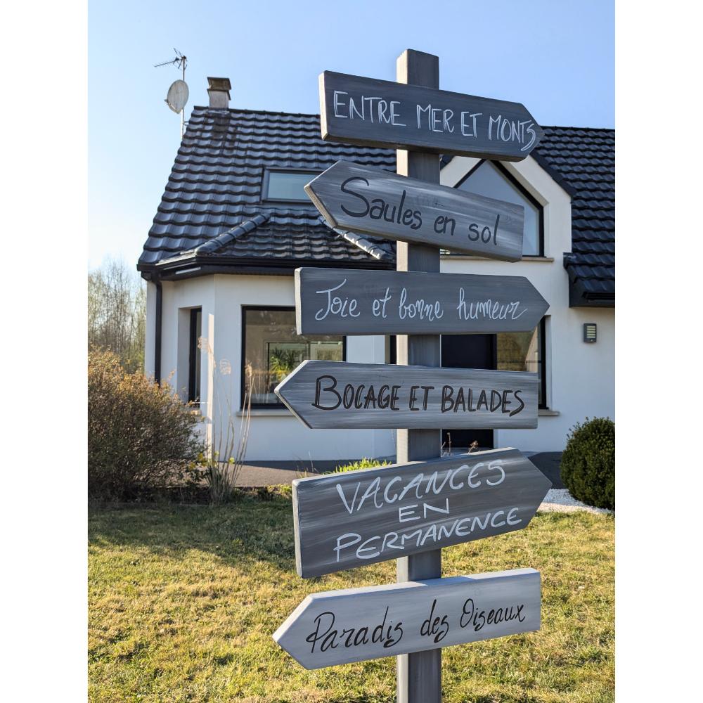 Panneau indicatif avec maison moderne en arrière-plan.