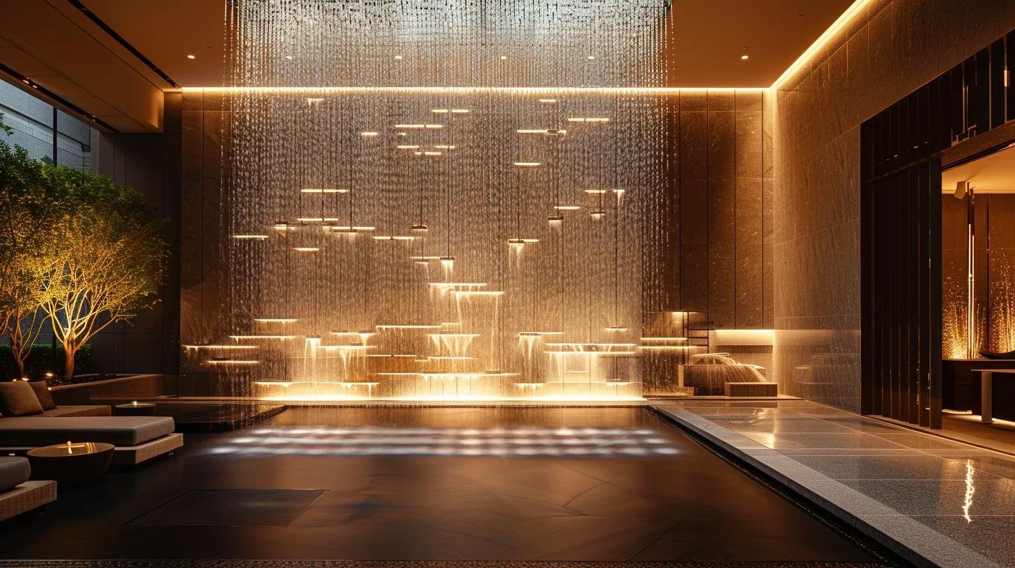 Modern indoor water feature with illuminated cascading water, surrounded by stylish seating and greenery, enhancing tranquility and beauty in a serene environment.