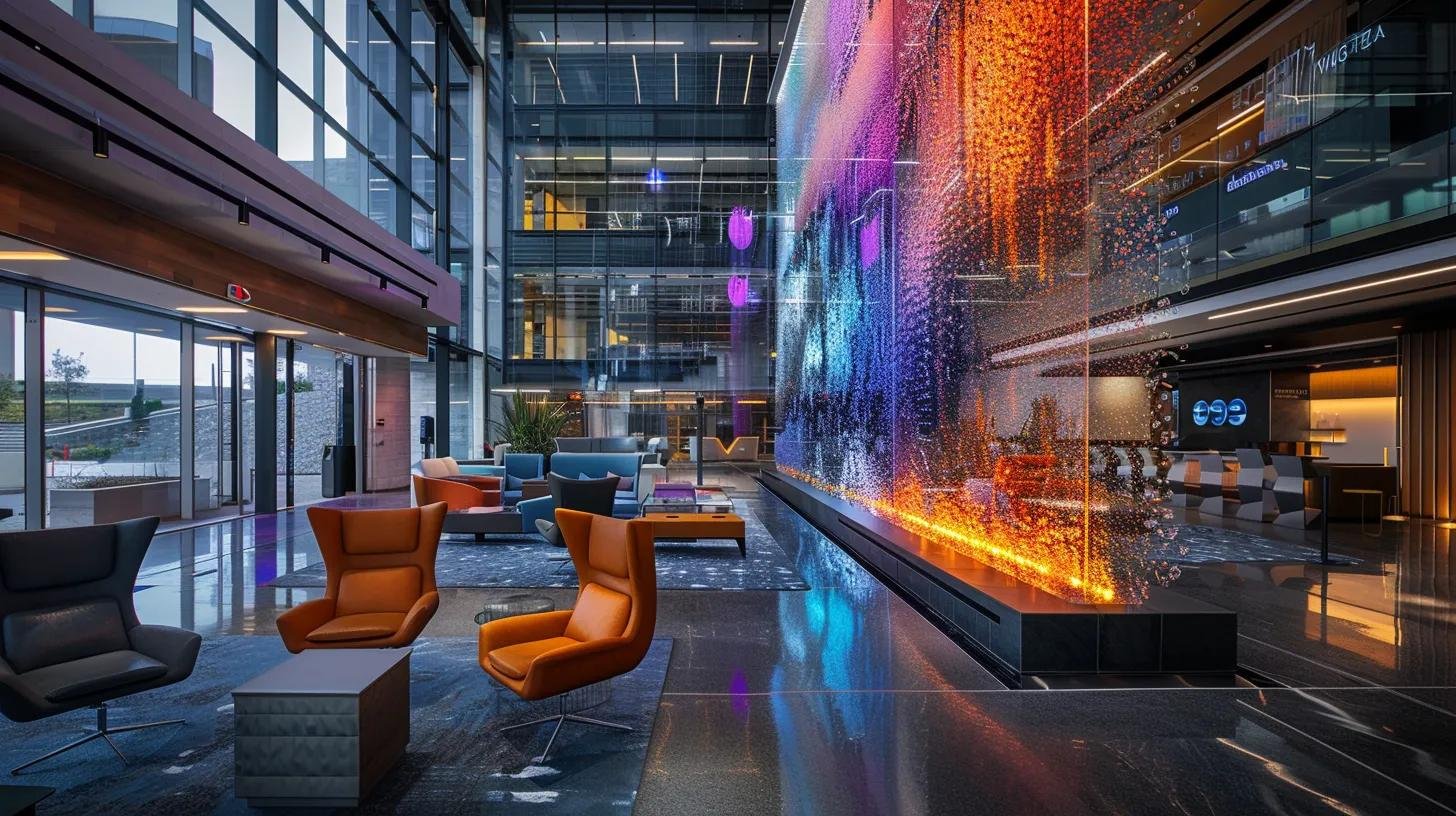 LED Water Bubble Wall: Beautify Your Surroundings 6 a sleek corporate lobby showcases an led water bubble wall, illuminated in vibrant colors, with elegant water flow enhancing the sophisticated atmosphere and drawing in engaged clientele amidst contemporary furnishings.