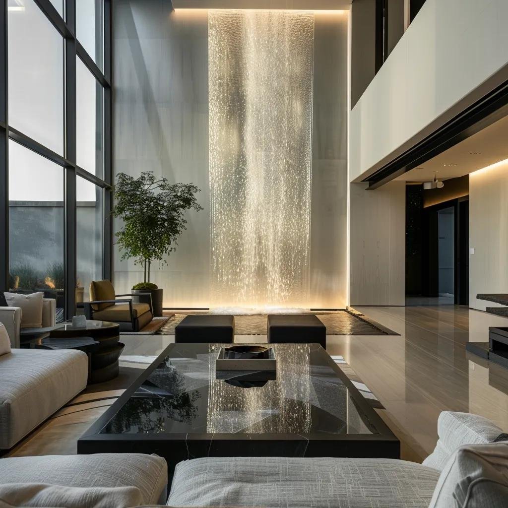 Modern living room featuring a stunning indoor waterfall wall, illuminated with soft lighting, surrounded by elegant furniture and greenery, enhancing tranquility and style.