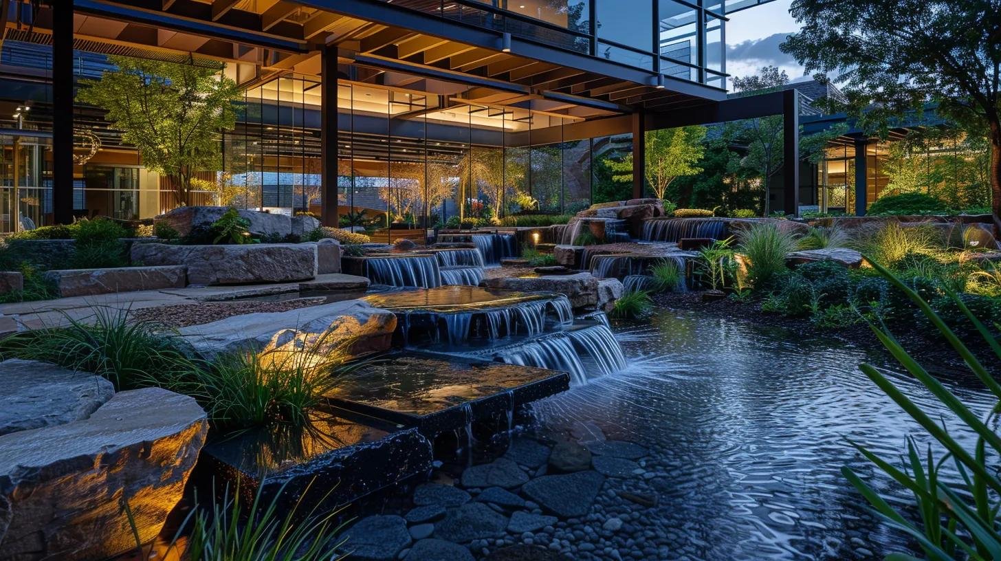 Elevate Your Backyard With Custom Outdoor Water Features 1 a stunning custom outdoor water feature showcases cascading waterfalls and reflective ponds, elegantly lit to highlight the sleek integration of glass, stone, and metal accents, all designed within a sophisticated urban garden space.