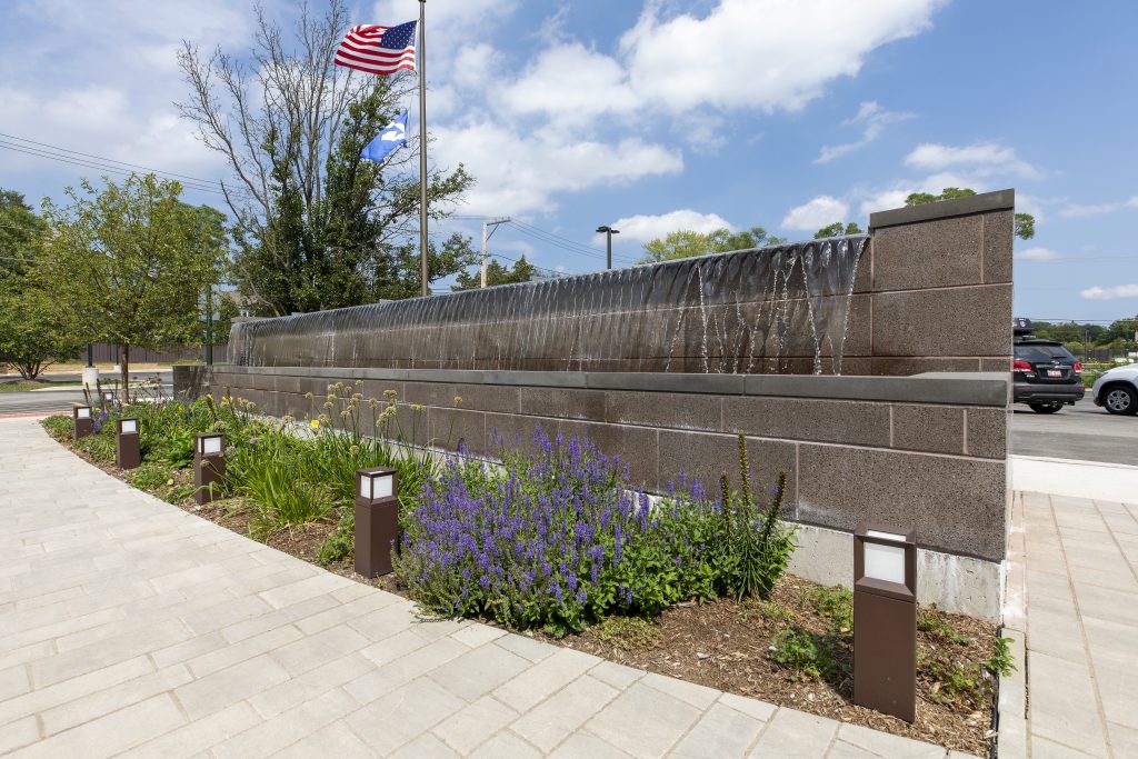 Reflection Pools & Fountains 19 Outdoor Fountain Reflection pool with overflowing weirs free falling water for Prospect Heights Public Library