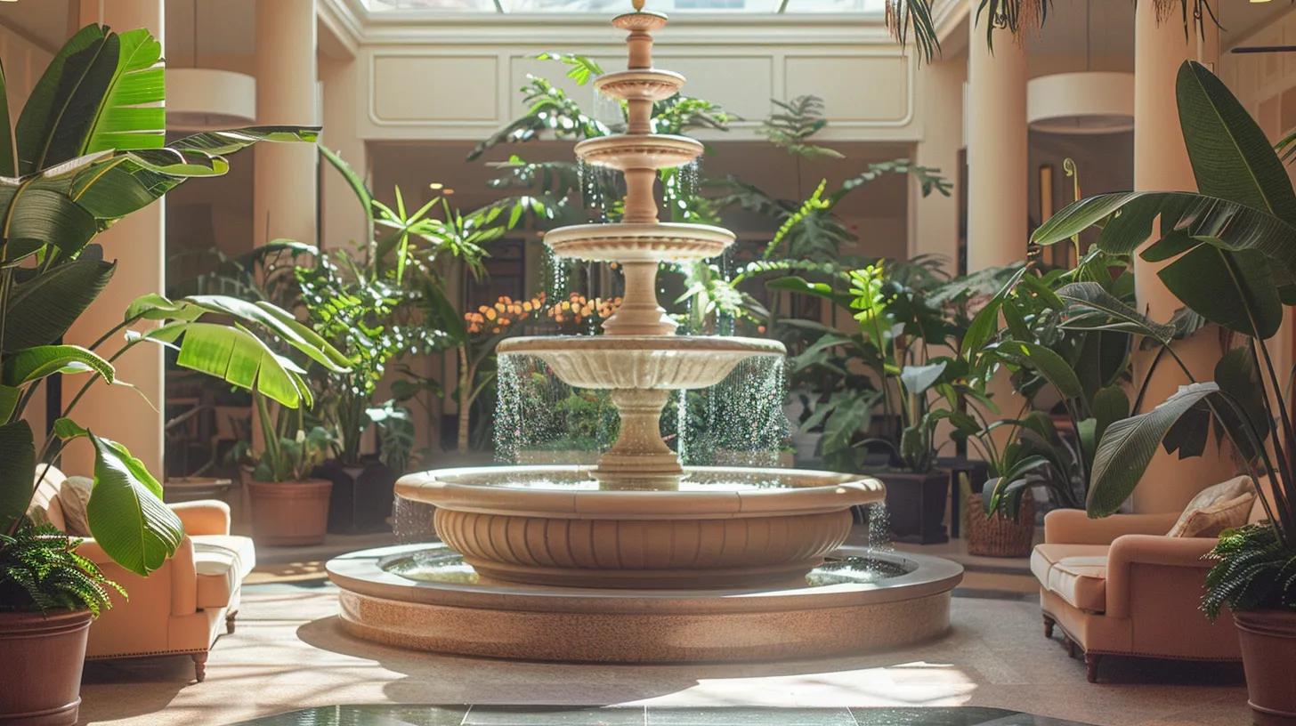 Indoor Fountain Water: Nurturing Calm and Comfort 5 a serene indoor oasis features a tranquil fountain surrounded by plush seating, soothing pastel colors, lush greenery, and soft textiles, all bathed in gentle natural light to evoke relaxation.