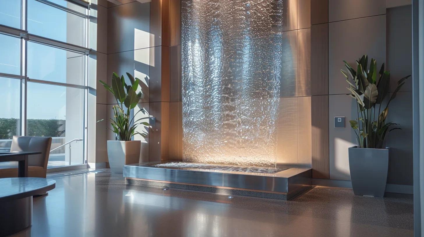 Modern office interior featuring a sleek bubble wall fountain, illuminated with soft lighting, surrounded by decorative plants and contemporary furnishings.