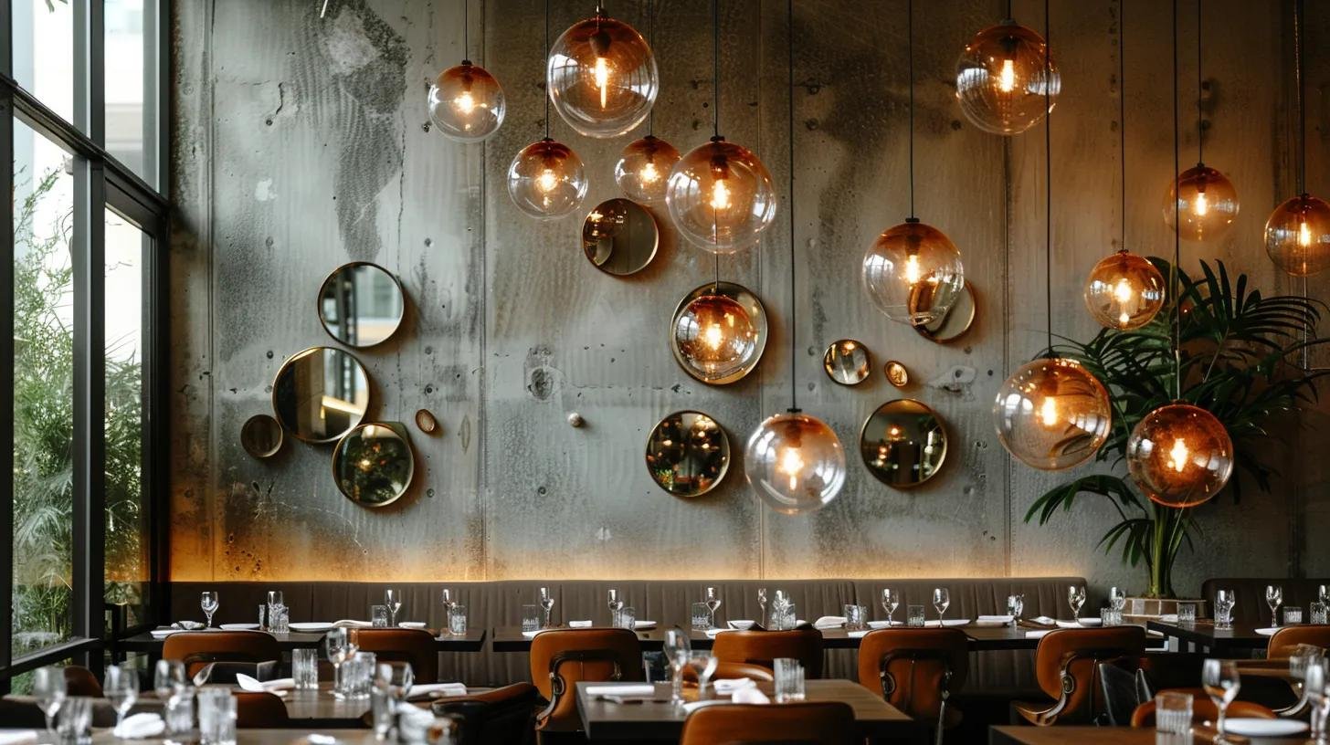 Create a Modern Look With Bubble Mirror Wall Decor 5 a stylishly curated interior space features an elegant bubble mirror wall decor that reflects ambient light, harmoniously complementing a blend of rustic wood, rich textiles, and sleek metallic accents in a modern scandinavian aesthetic.