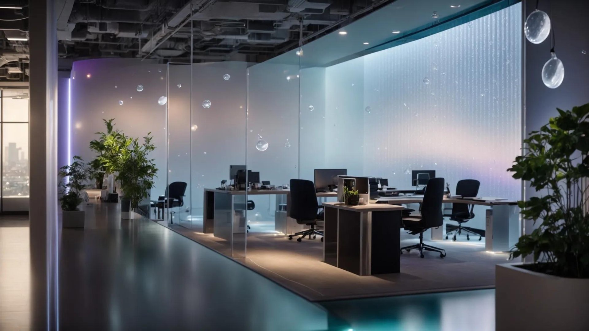 Acrylic Water Bubble Wall: A Stunning Focal Point 4 a sleek, modern office space features an elegant acrylic water bubble wall, illuminated by vibrant led lights, with a technician conducting a meticulous inspection and maintenance routine, showcasing a blend of high-tech care practices and aesthetic appeal.