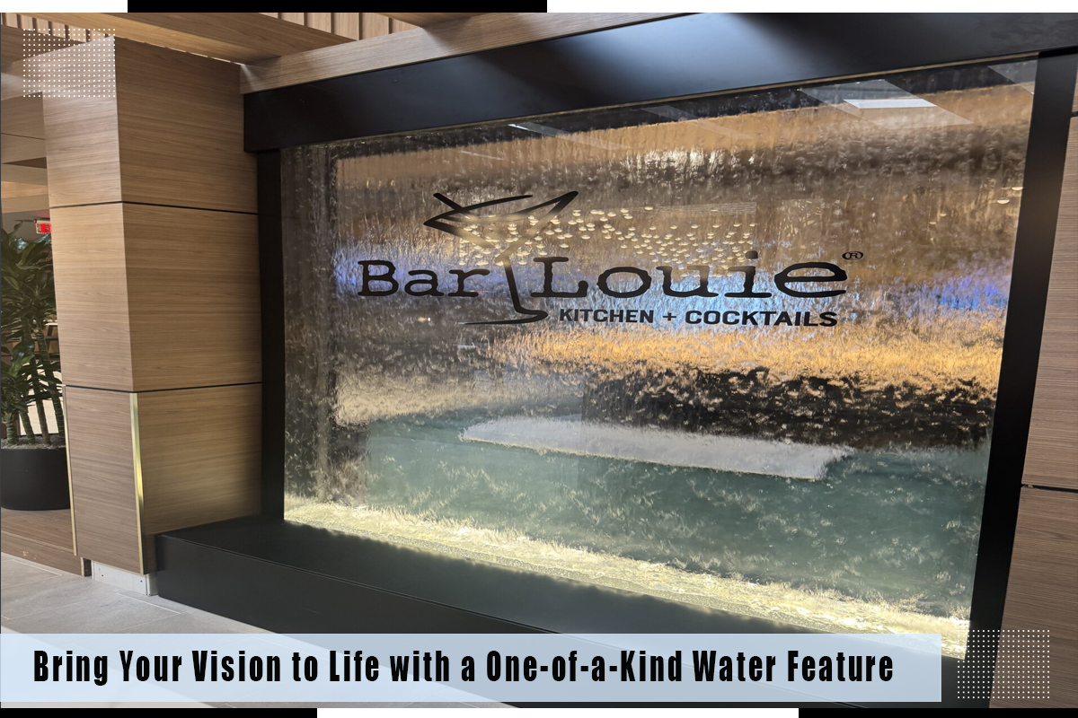 Water wall installation featuring the Bar Louie logo, enhancing ambiance with flowing water and modern design elements, promoting custom water features for indoor spaces.