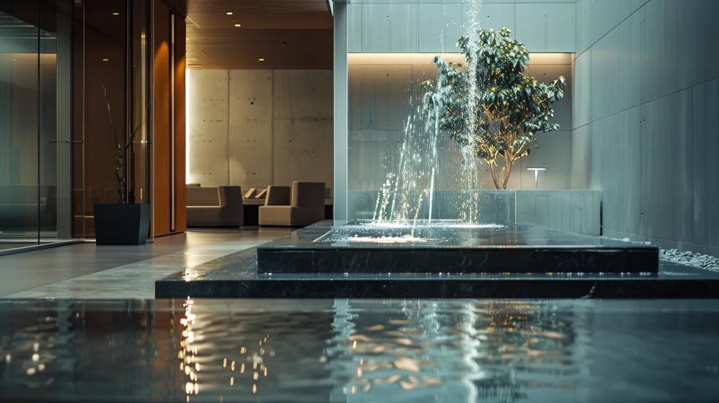 Modern indoor water feature with cascading fountain, sleek marble steps, and lush greenery, enhancing tranquility and elegance in a contemporary office setting.