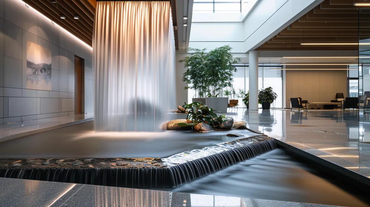 Indoor waterfall feature with flowing water, surrounded by smooth stones and lush greenery, enhancing the modern office interior's tranquility and aesthetic appeal.