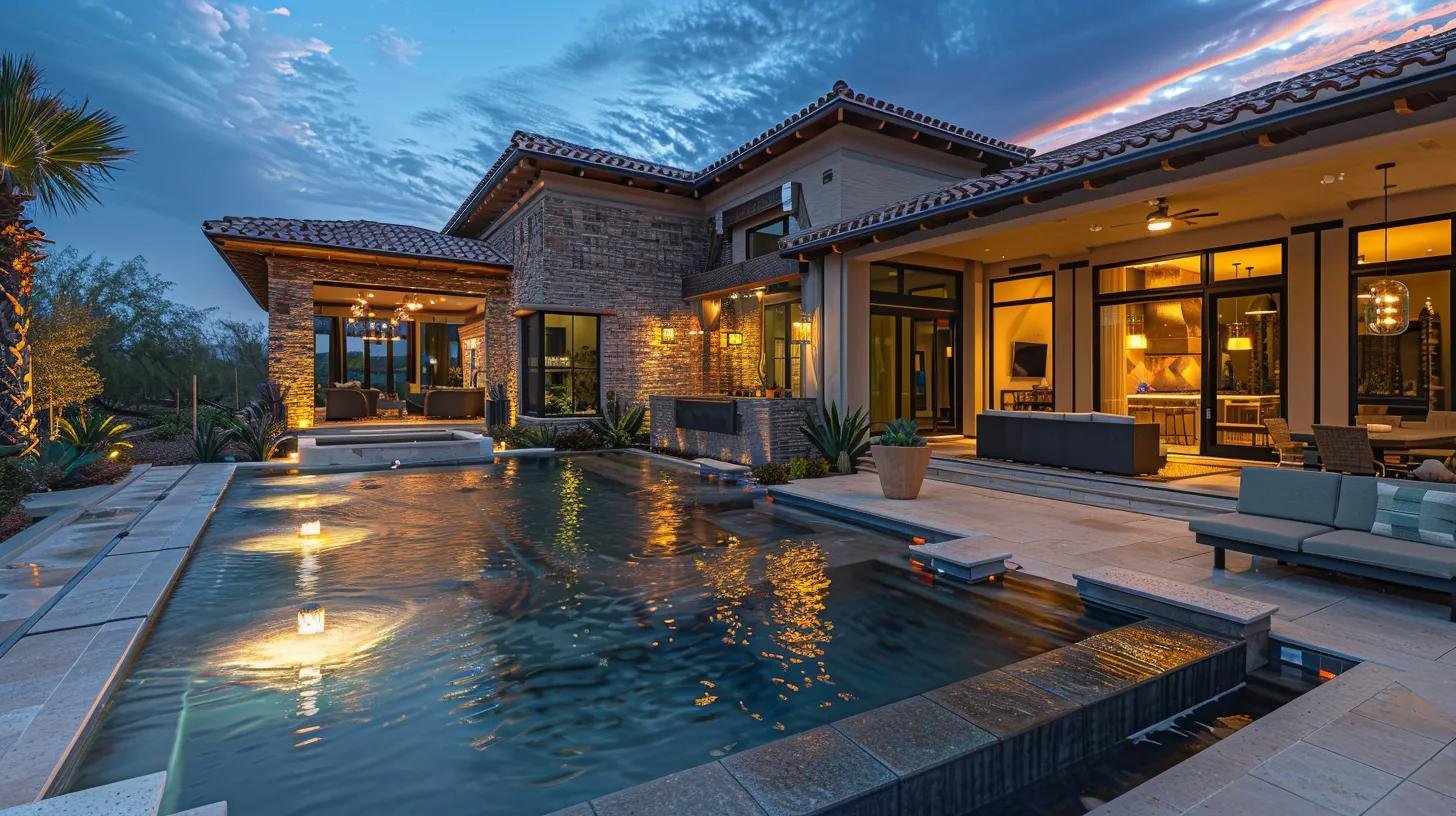 Unique Designs for Custom Made Water Features 5 a luxurious outdoor living space featuring a contemporary custom-made water feature, seamlessly integrated with an elegant patio, ambient lighting casting reflections on the water, and surrounding stylish seating areas, creating a dynamic focal point for relaxation and social gatherings.