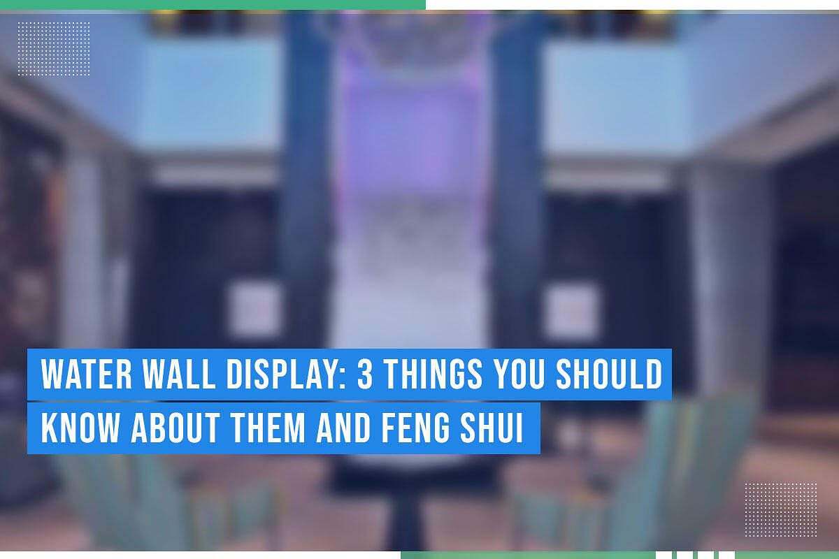 Water wall display featuring a modern water feature, highlighting Feng Shui principles and benefits, with text overlay emphasizing three key insights.