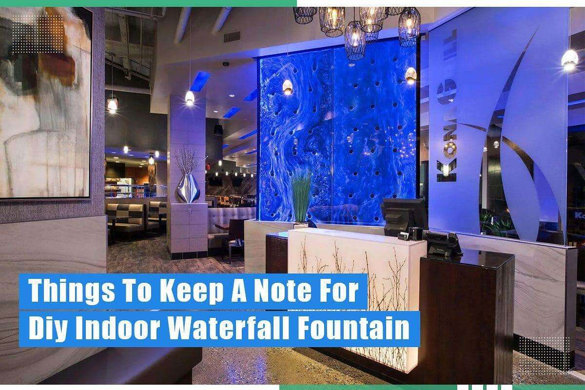 Indoor setting featuring a vibrant blue bubble wall fountain as a focal point, accompanied by modern decor elements and text overlay about DIY indoor waterfall fountains.