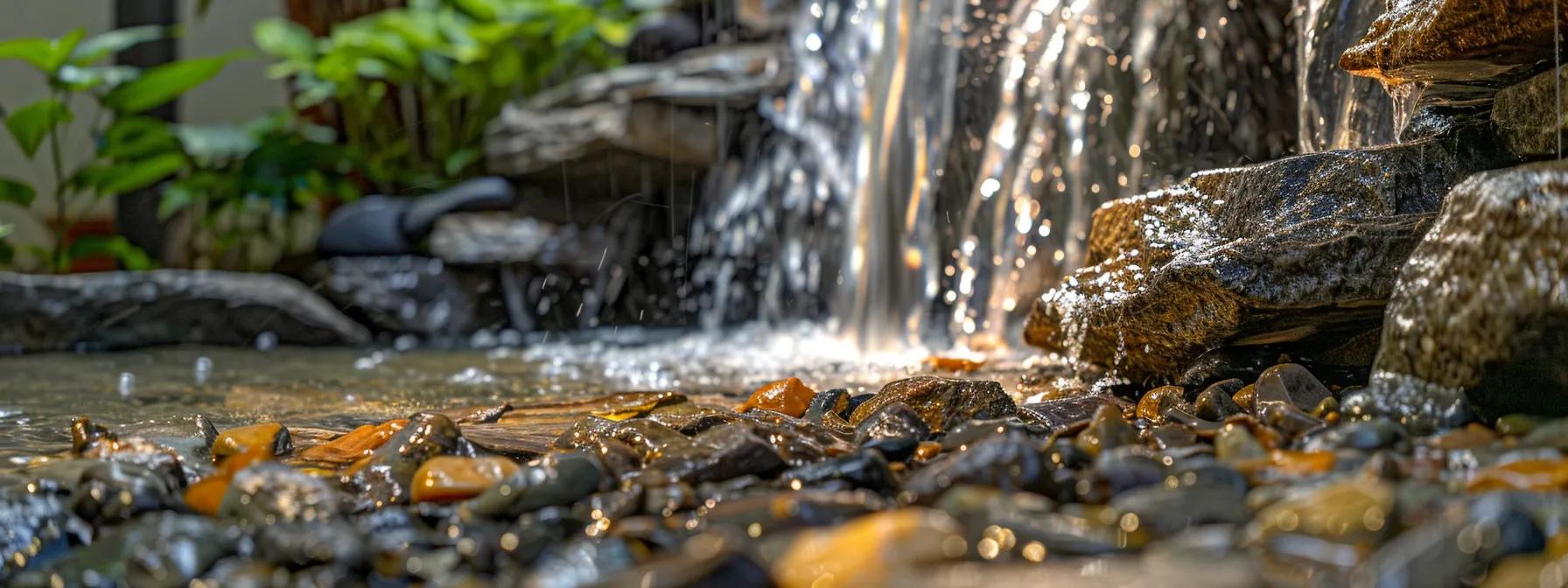 Captivating Wall Design: Embrace Waterfall Features 6 a sparkling waterfall wall cascading down smooth stones, glistening under the sunlight, with clear water flowing seamlessly.