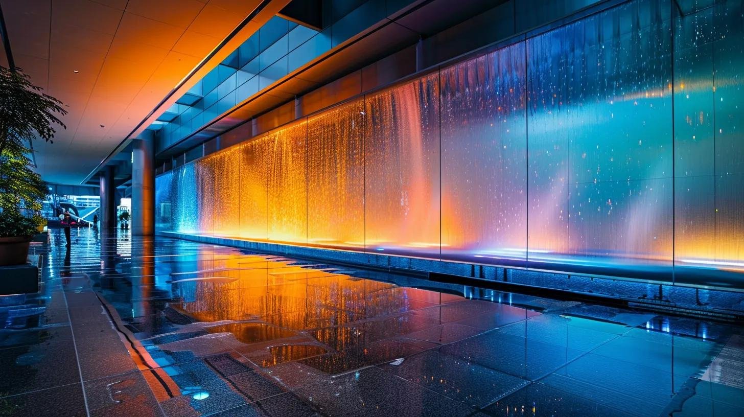 Boost Your Business's Atmosphere With Water Walls 3 a sleek, modern office environment features a stunning illuminated water wall, reflecting the vibrant colors of abstract art, with a maintenance technician inspecting the water’s clarity to ensure its enduring elegance and functionality.