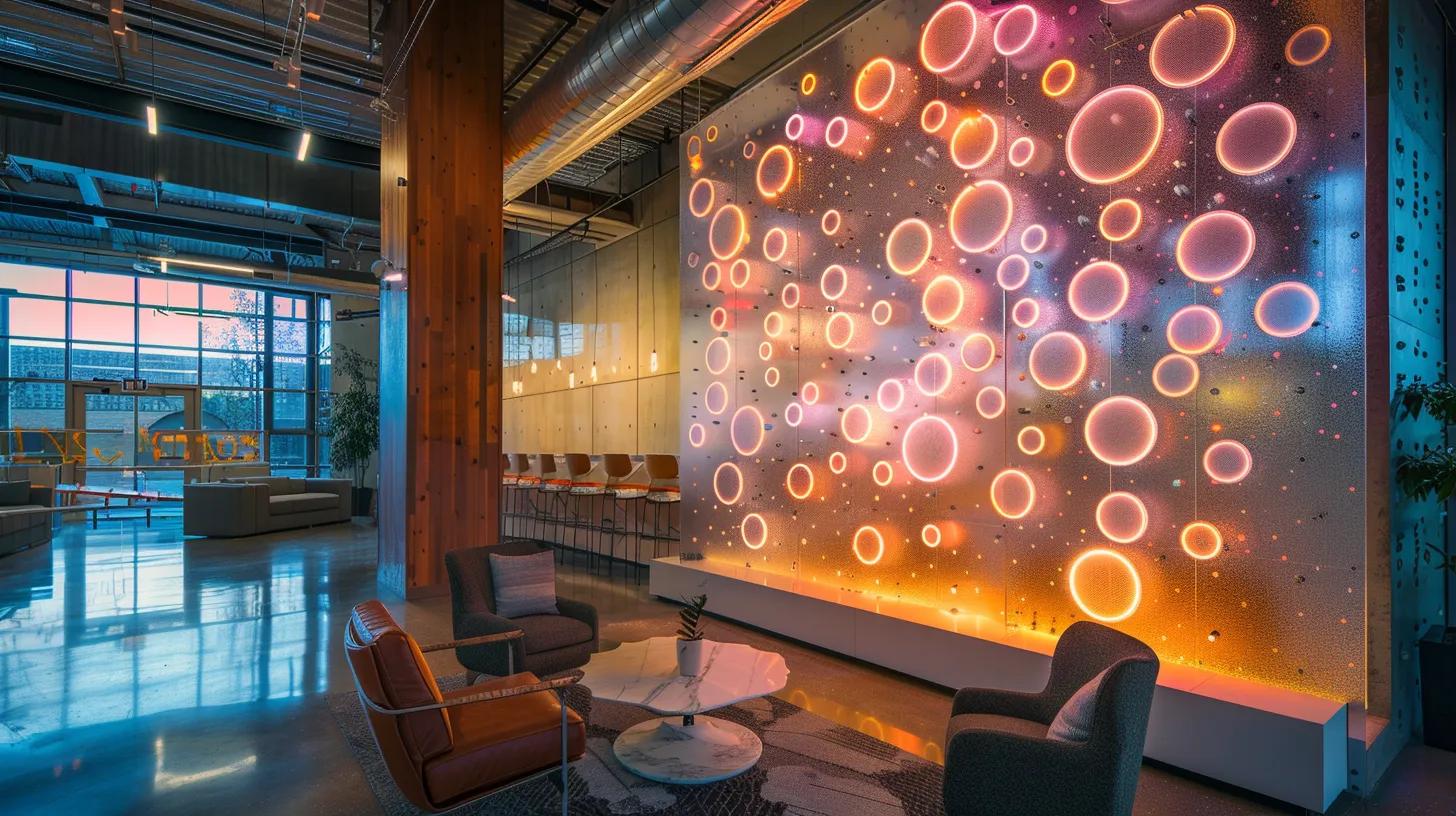 Bubble wall feature with illuminated circular designs, enhancing modern interior aesthetics in a stylish lounge setting, complemented by comfortable seating and a sleek coffee table.