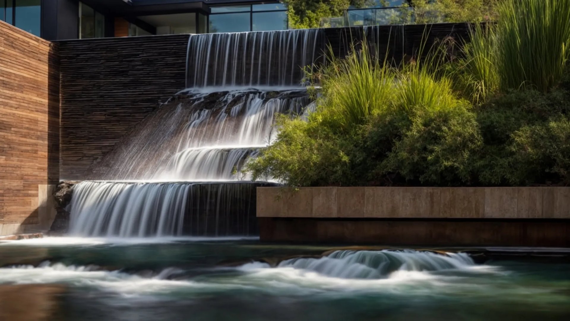 Custom tiered waterfall feature with lush greenery and modern architecture, enhancing outdoor spaces.