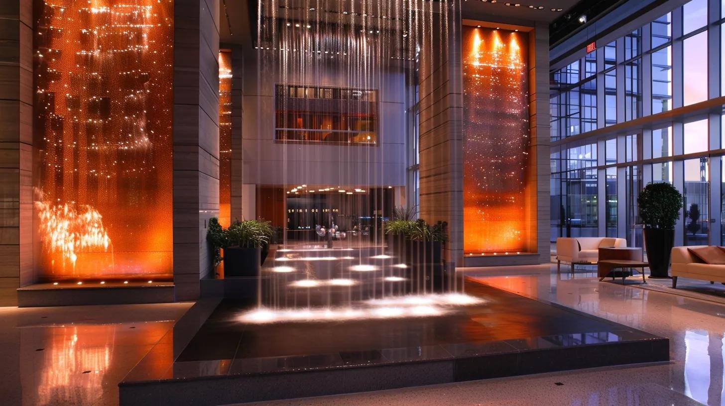Creating Custom Indoor Water Features for Your Space 6 a sleek corporate lobby adorned with a stunning custom indoor water feature, showcasing illuminated glass panels and cascading water, embodying sophistication and innovative design.