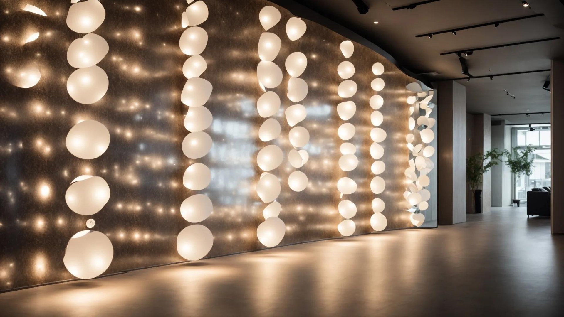 Embrace Bubble Light Trends for Cheerful Decor 3 a contemporary urban interior showcases a striking wall bubble light installation, casting radiant, dynamic reflections across sleek, minimalist walls, enhancing the luxurious ambiance of a stylish showroom.