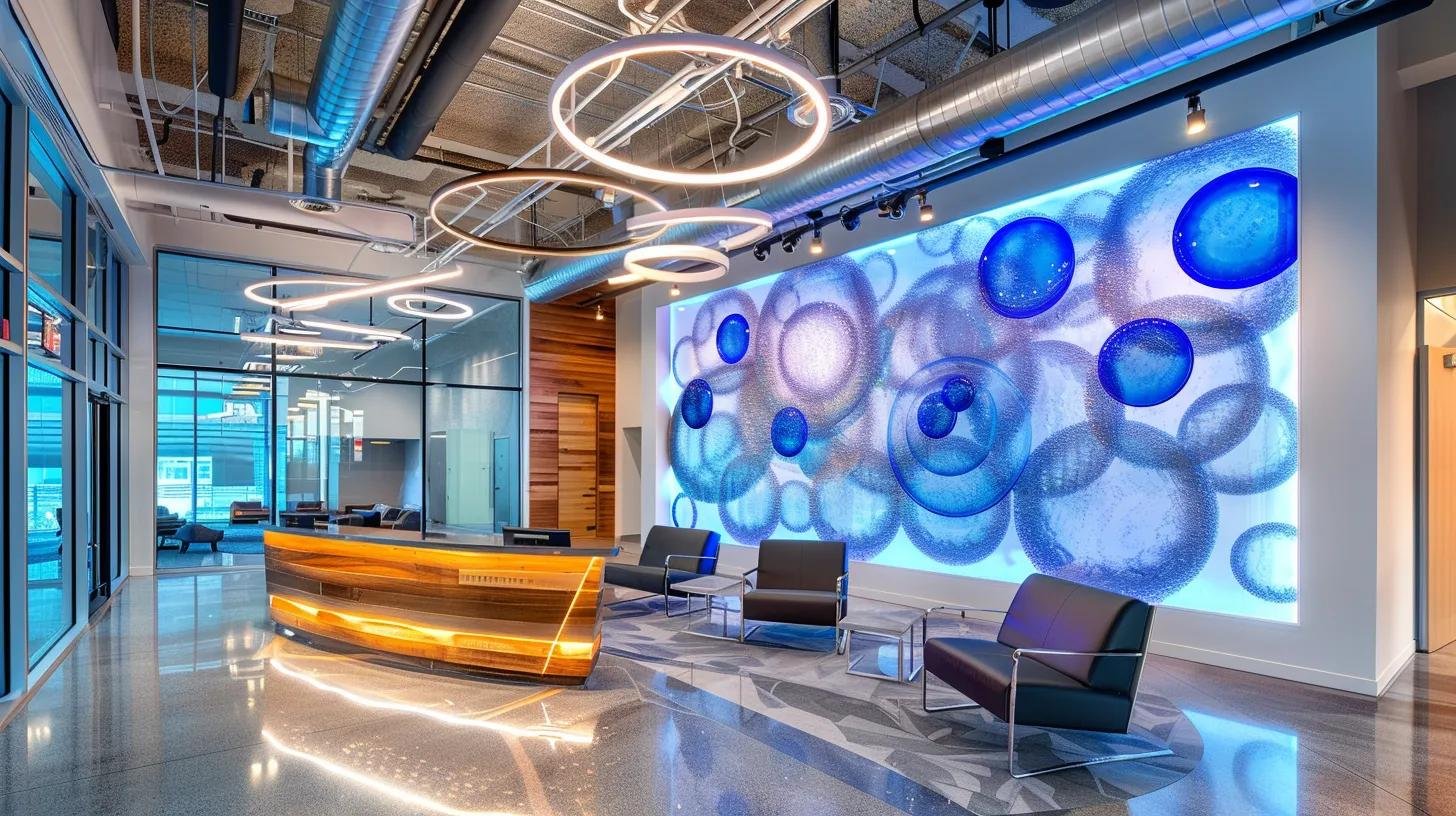 Modern office interior featuring a sleek reception area with a wooden desk, contemporary seating, and a vibrant bubble wall art installation, enhancing ambiance and tranquility.
