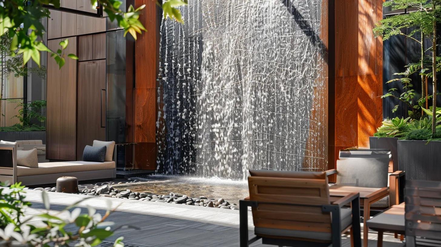 Create Stunning Outdoor Areas With Water Wall Features 7 a sleek outdoor patio features an elegant water wall made of polished stainless steel, showcasing its modern design against a backdrop of contemporary furnishings, emphasizing the balance between aesthetic appeal and low maintenance requirements.