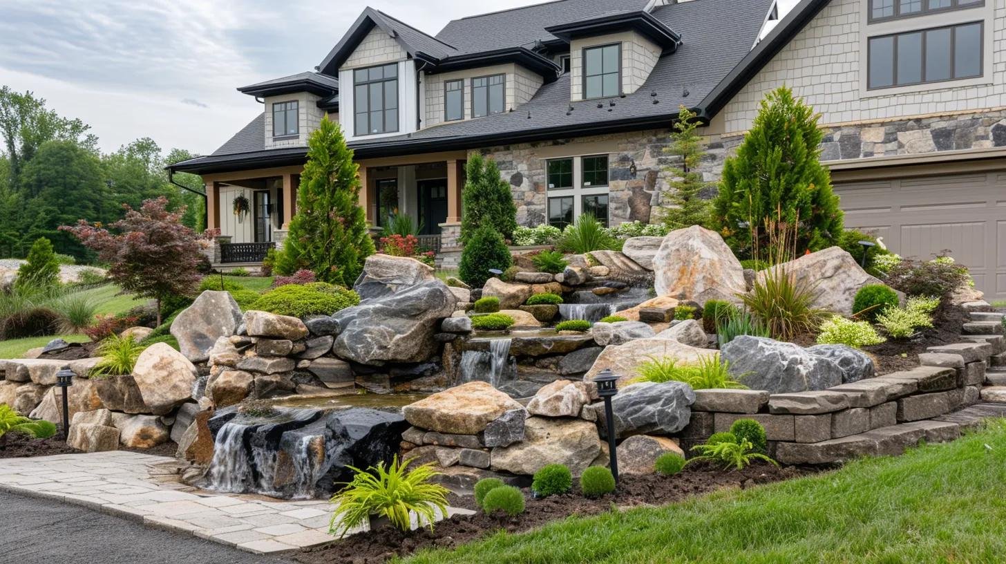 Discover the Advantages of a Rock Garden in Your Yard 4 a striking residential front yard showcases a meticulously designed rock garden with a cascading water feature, exhibiting elegant boulders and natural stones against a well-maintained exterior that enhances property appeal and value.