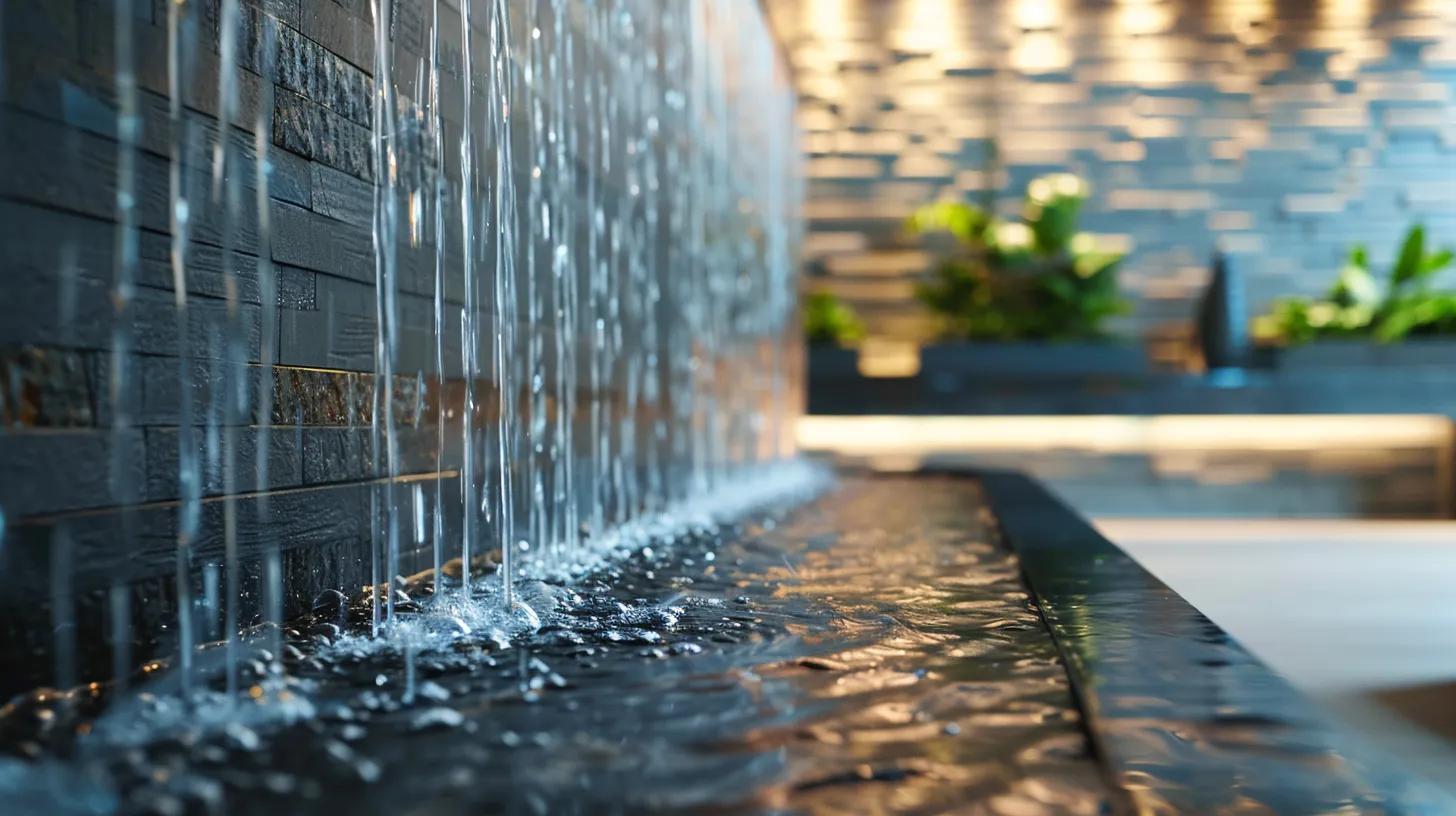 Indoor Fountain Water: Nurturing Calm and Comfort 2 a serene indoor space showcases an elegantly designed wall-mounted fountain, cascading water that glistens in soft ambient light, complementing the modern decor with its harmonious blend of materials and inviting tranquility.