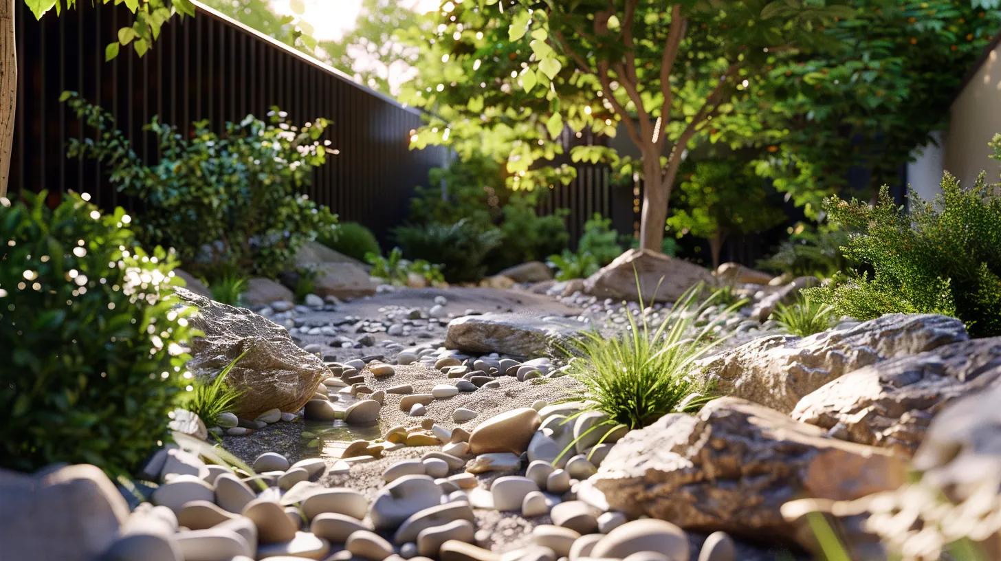 Serene backyard landscape featuring a winding path of smooth pebbles, lush greenery, and natural stones, ideal for tranquil outdoor water features and custom designs.