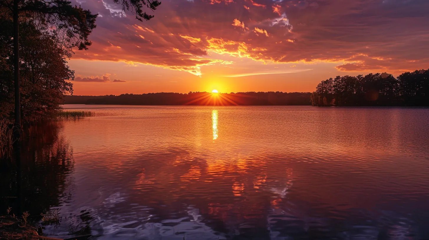 Explore Unique Glass Wall Options for Any Room 5 a breathtaking sunset illuminates a tranquil lake, reflecting vibrant hues of orange and pink while silhouetted trees frame the serene water's edge.