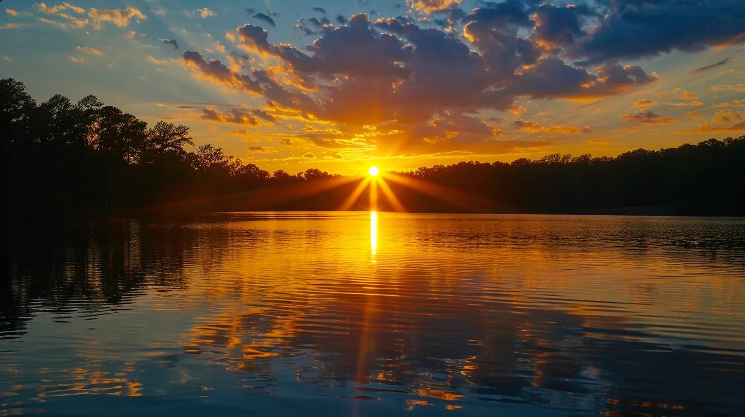 Explore Unique Glass Wall Options for Any Room 6 a vibrant sunset casts a warm golden glow over a serene lake, reflecting the rich hues of the sky while silhouetted trees frame the tranquil water's edge.